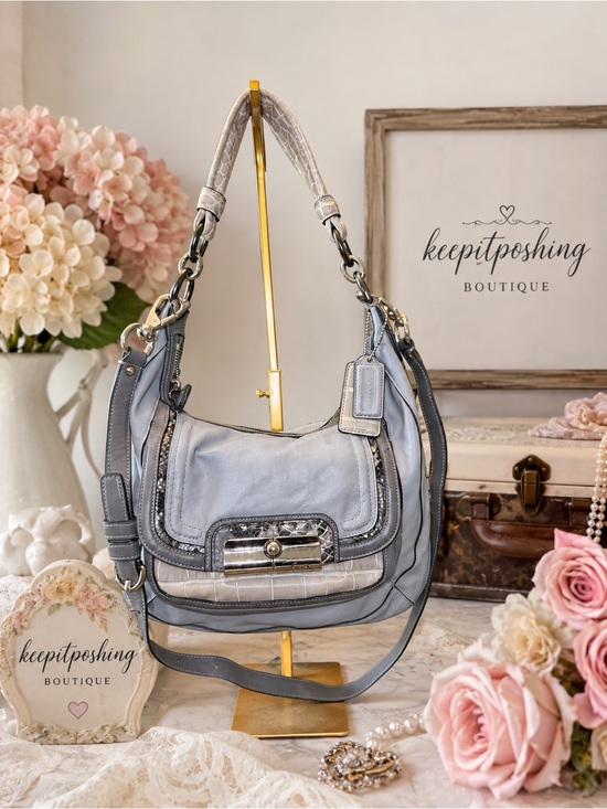 Coach Handbags - Coach Kristen Spectator Pale Blue Leather Hobo Bag with Croc-Trim Accents